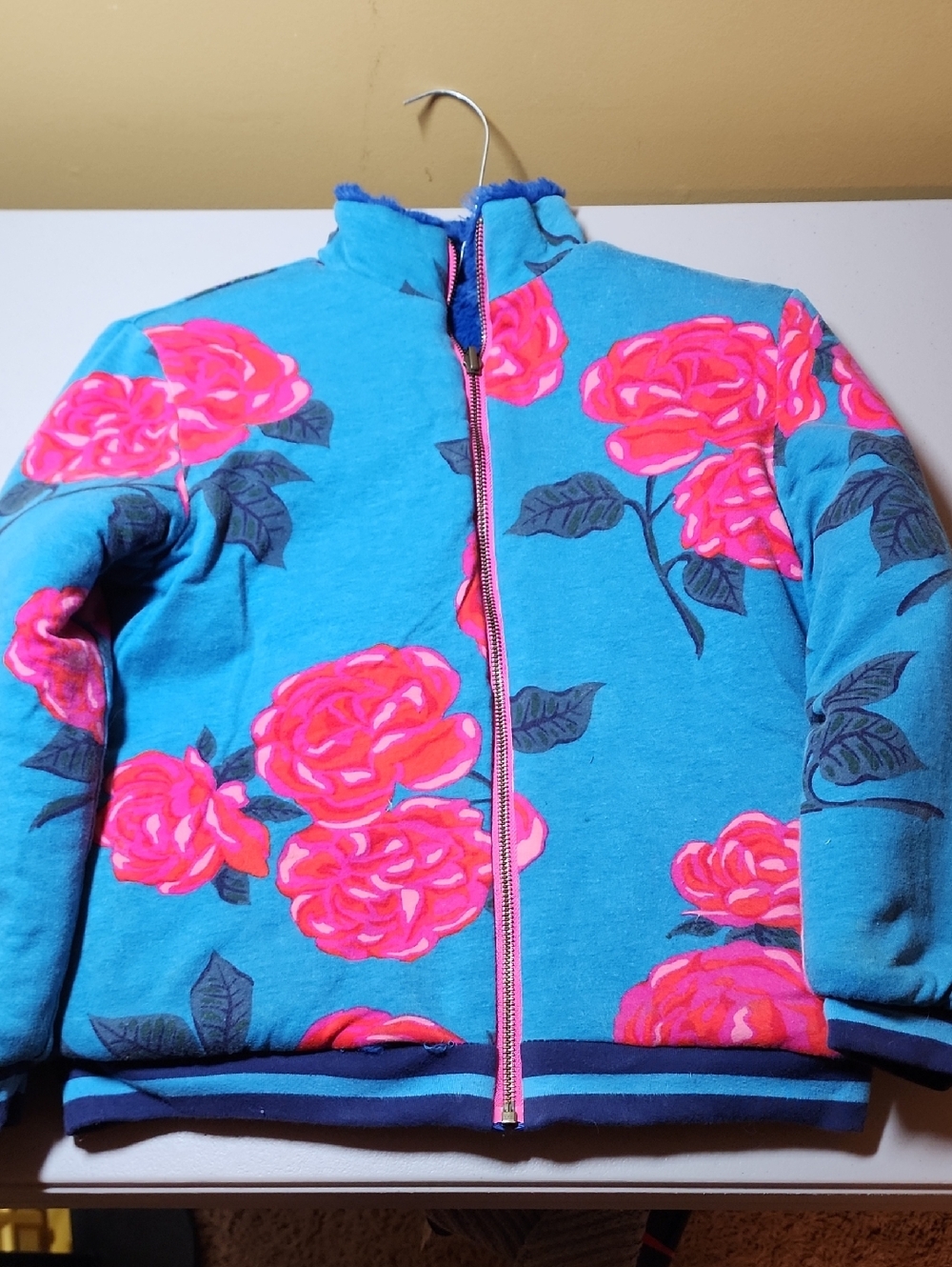 Matilda Jane Blue Puffer Jacket with Pink Rose Print